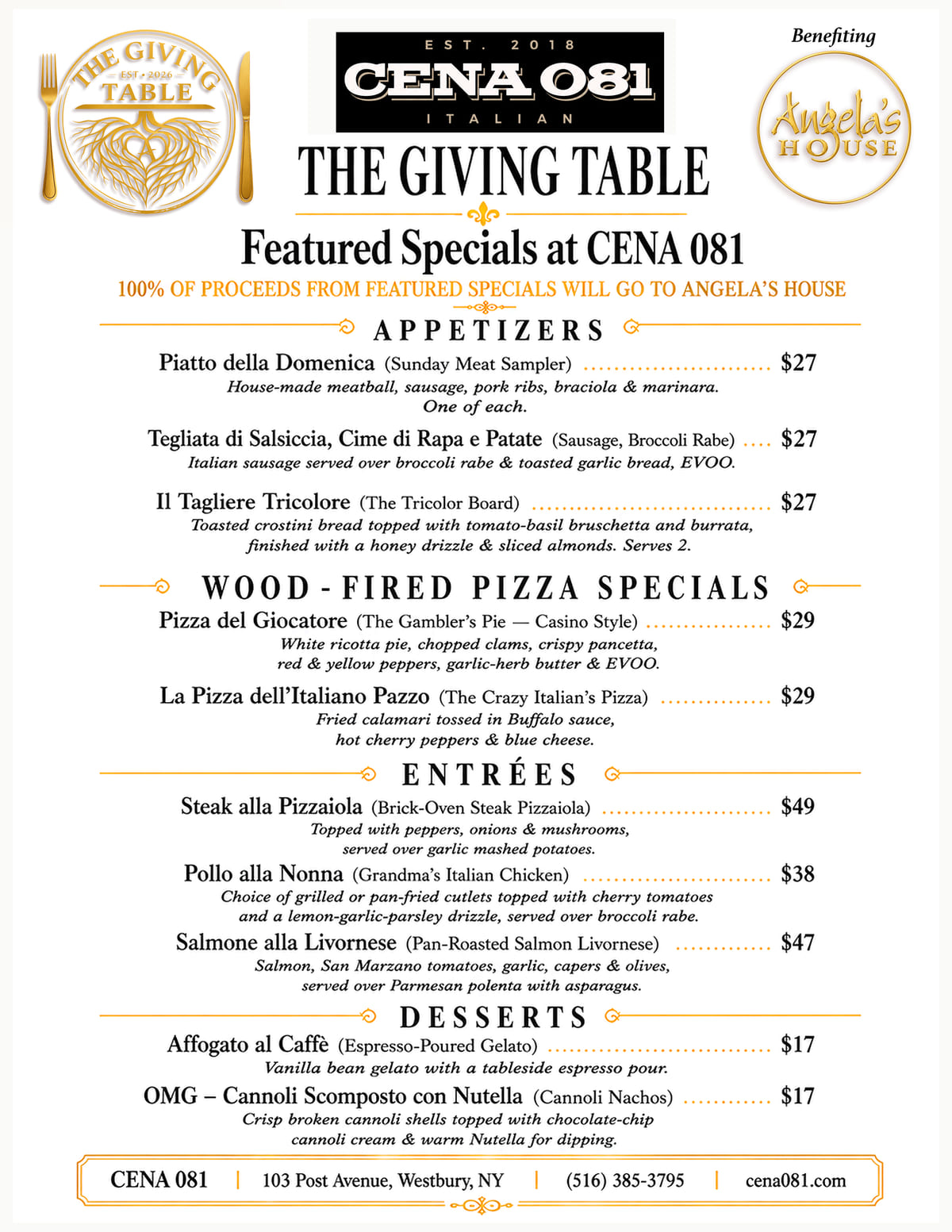 The Giving Table Featured Specials menu at CENA 081: appetizers, wood-fired pizza specials, entrees and desserts, with prices.
